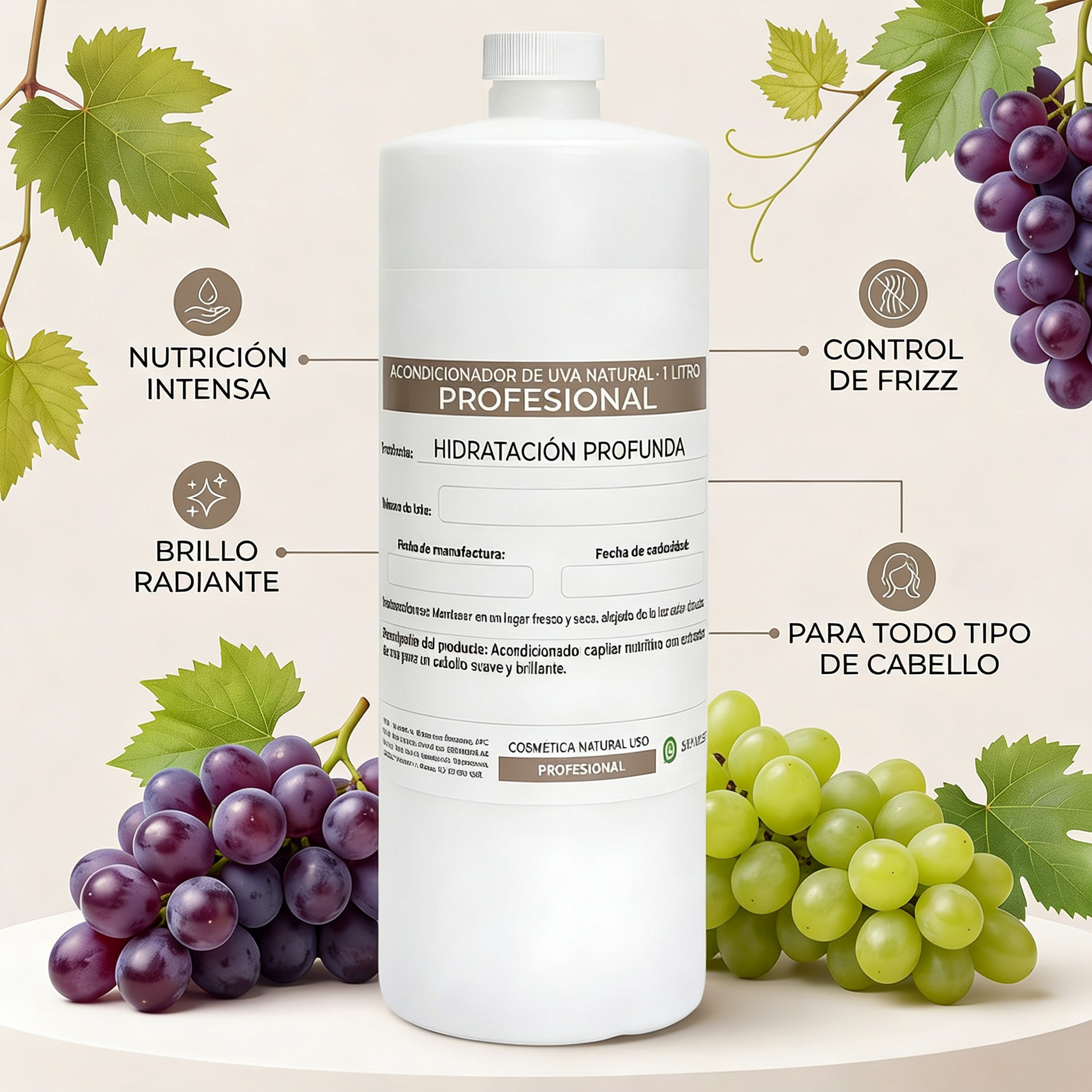 Acondicionador Vegano de Uva Beohemp | 1 Litro | Extra Brillo, Nutrición e Hidratación Profunda | Biodegradable y Sin Parabenos | Para Todo Tipo de Cabello - Image 2