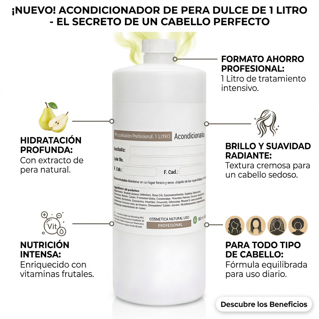 Acondicionador Vegano de Pera Dulce Beohemp | 1 Litro | Extra Brillo, Nutrición e Hidratación | Sin Sulfatos ni Parabenos | Biodegradable | Para Todo Tipo de Cabello