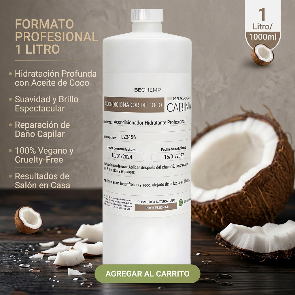 Acondicionador Vegano de Coco Beohemp | 1 Litro | Extra Brillo, Hidratación y Suavidad | Biodegradable | Sin Sulfatos ni Parabenos | Para Todo Tipo de Cabello - Image 4